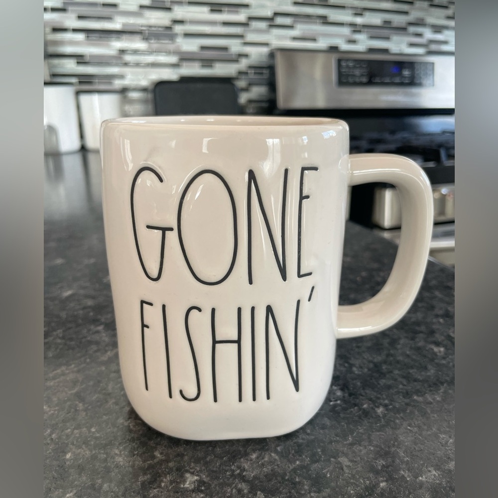 Rae Dunn White 'Gone Fishin'' Mug
